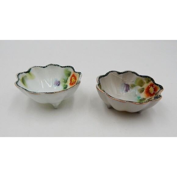 Porcelain Footed Nut Sauce Bowls Painted Roses Moriage Gold Trim Japan Asian - Picture 3 of 7